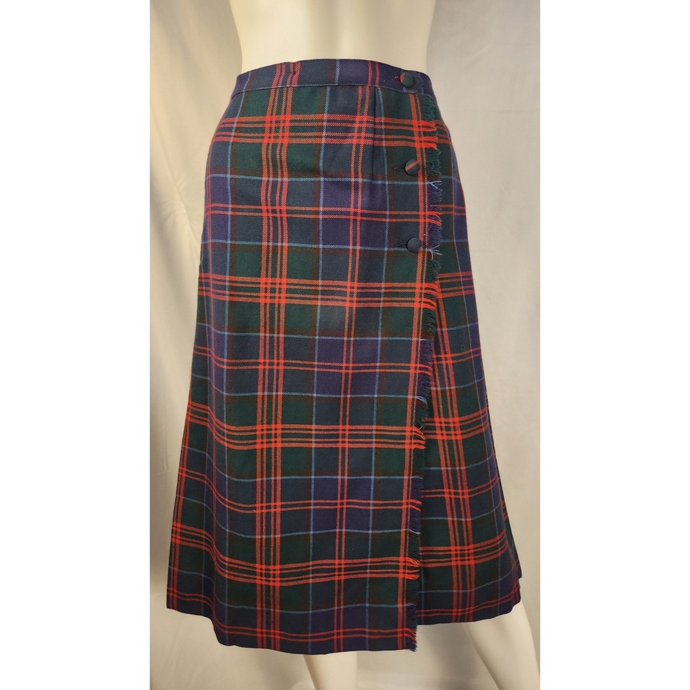 Vintage Tartan Wool Wrap Skirt w/ Fringe – Green/Red – Size 12